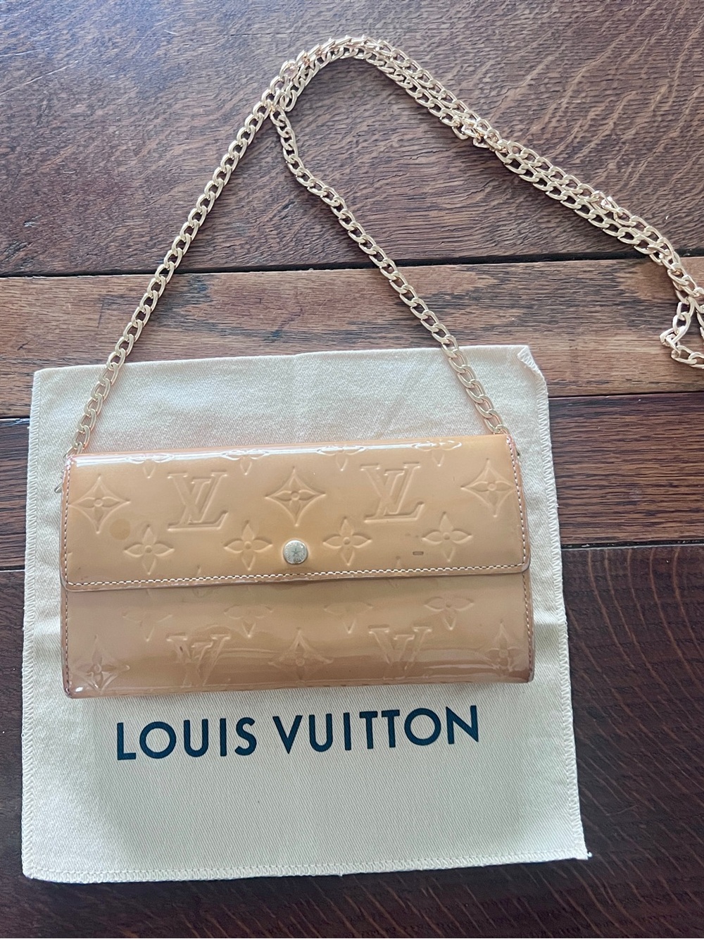 Louis Vuitton Gold Yellow Vernis Long Wallet with Gold Chain